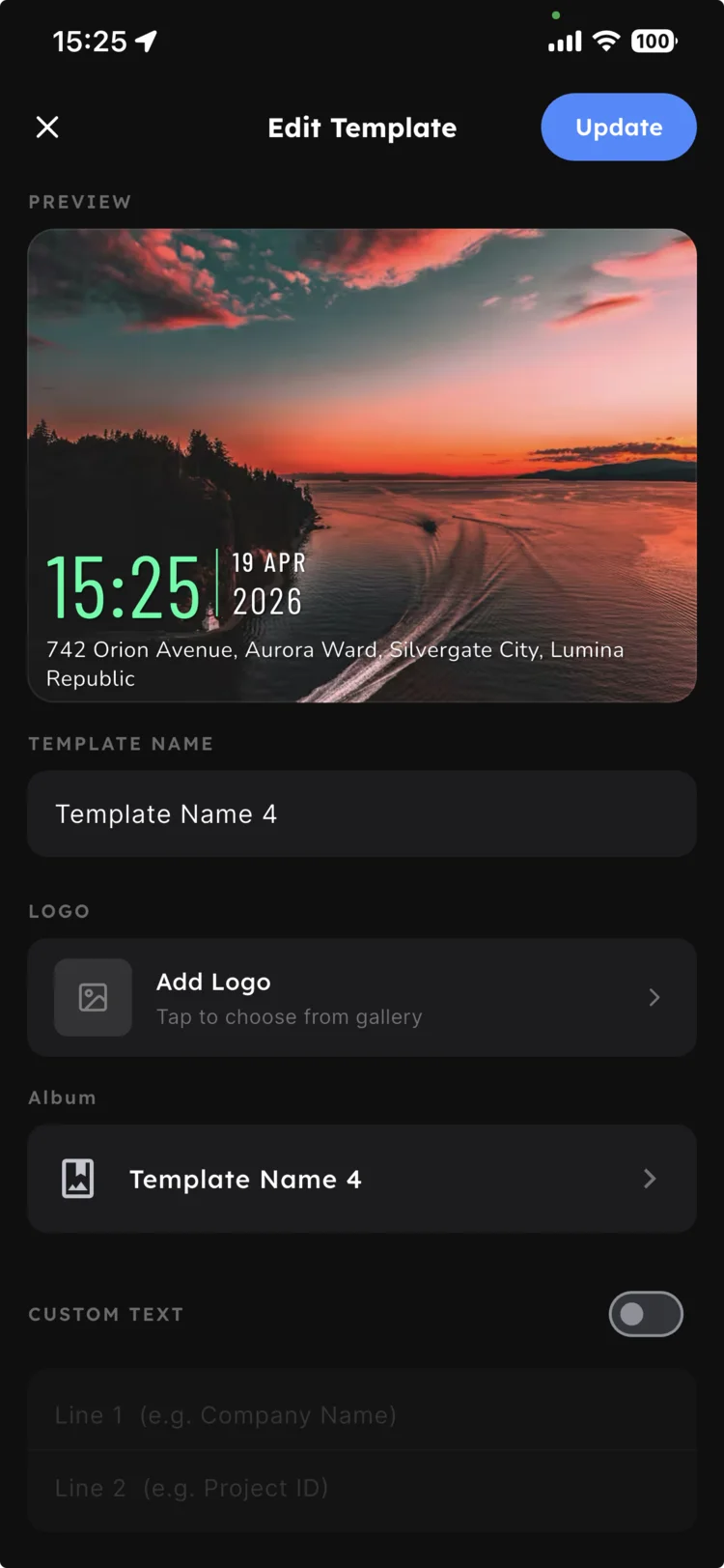 My Themes preset editor with name, custom text, logo and toggle options
