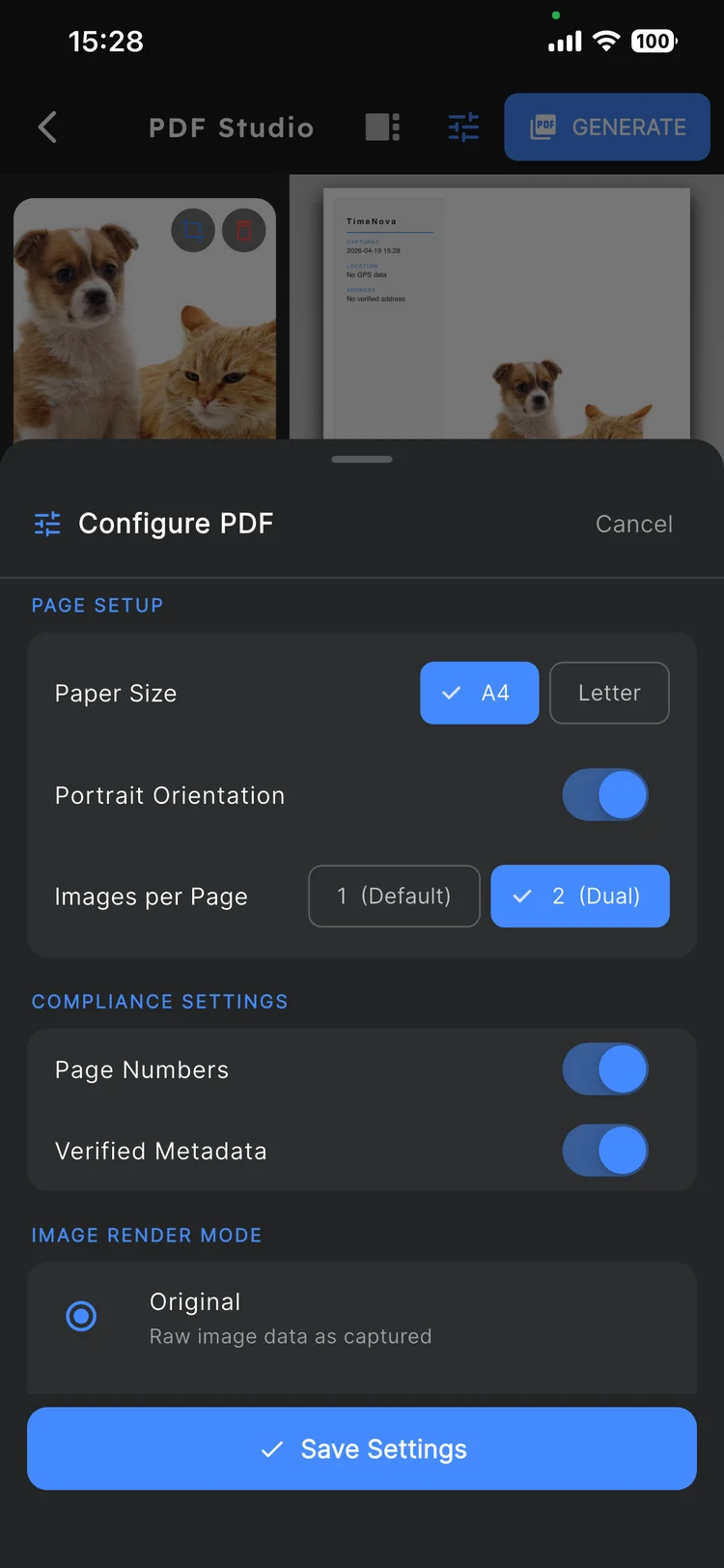 TimeNova Configure PDF panel with paper size, orientation and render mode options