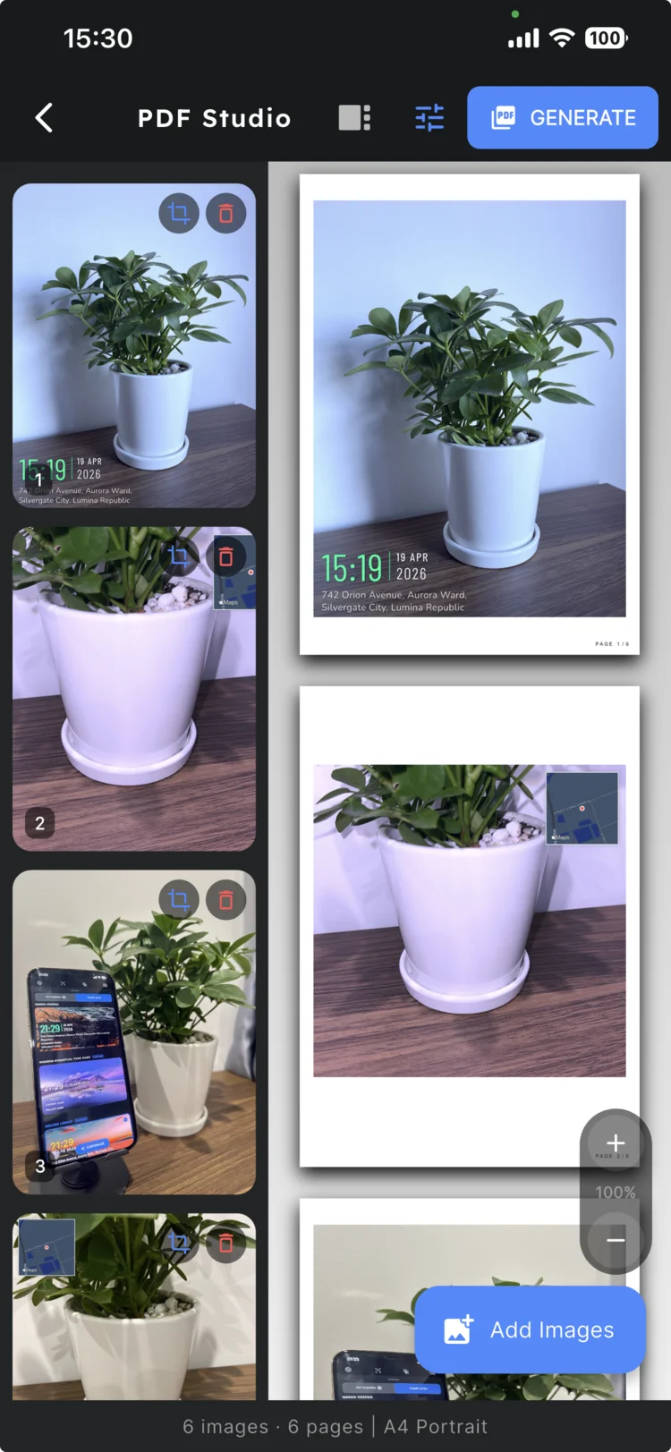 TimeNova PDF Studio showing selected photos in reorderable grid