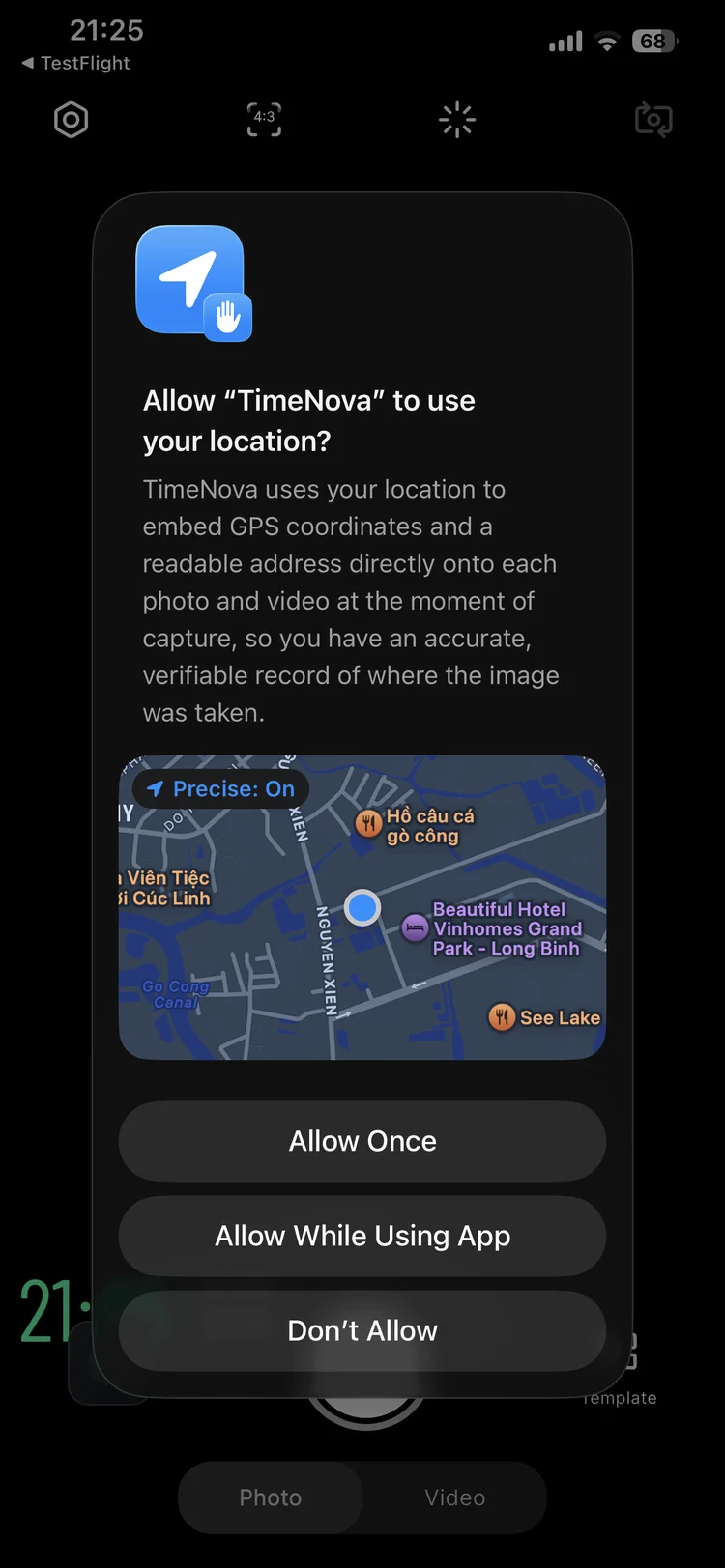 iOS system dialog asking to allow TimeNova to access location