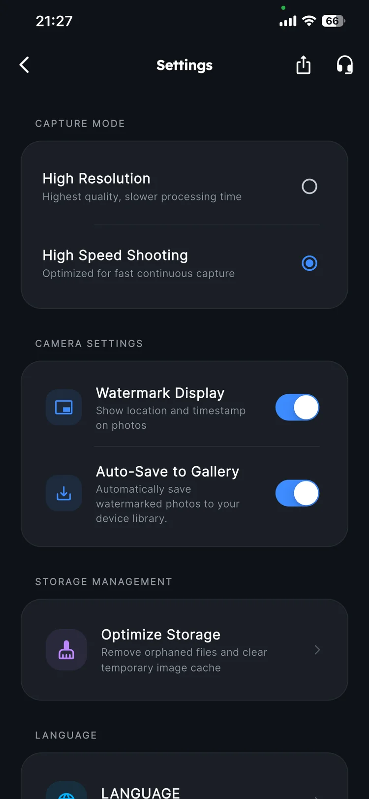 TimeNova Settings screen showing Watermark Display ON, Auto-Save ON, High Resolution ON, High Speed Shooting OFF