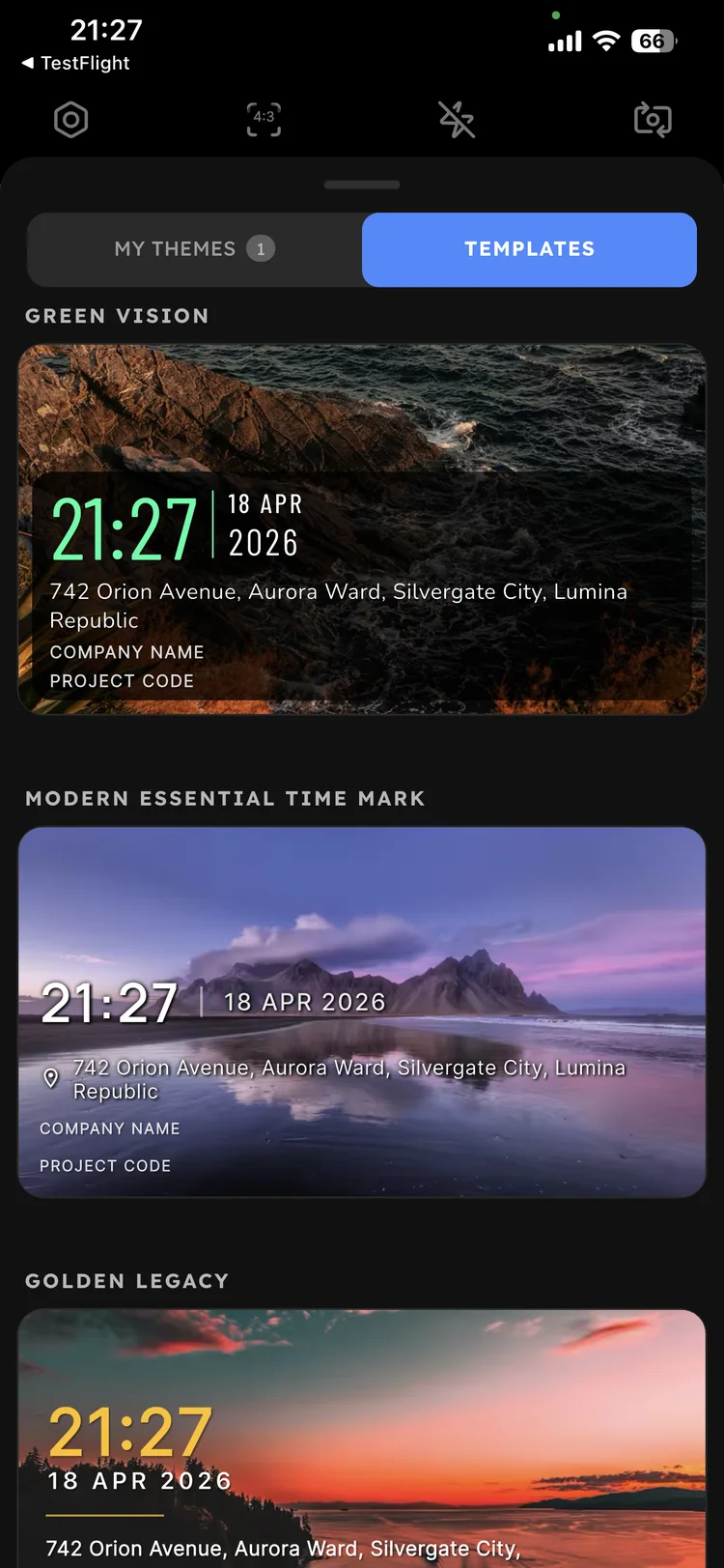 TimeNova template gallery showing multiple overlay style options